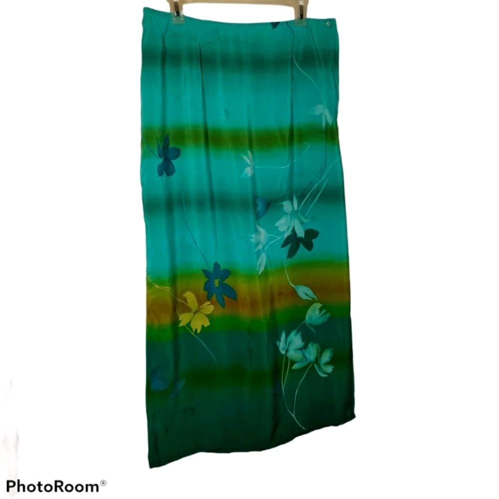 A-Line Floral Ombre Maxi Skirt - Teal Green
